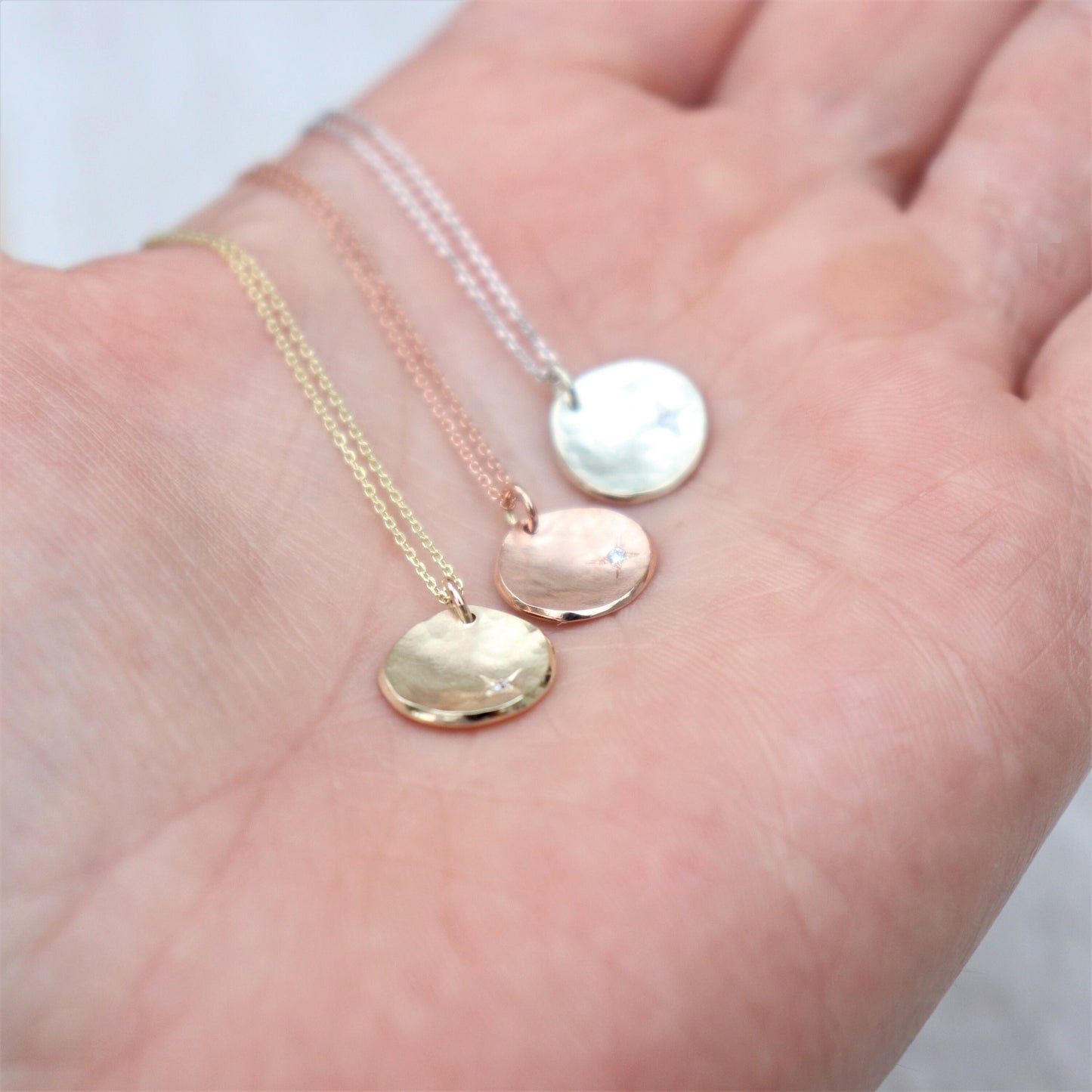 Handmade 9ct solid yellow, rose or white gold 10mm petal charm pendant with a 1.2mm diamond kiss on a fine chain