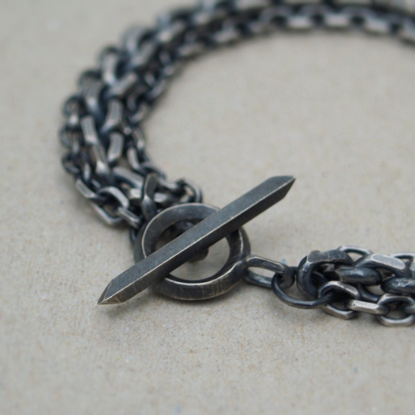 Oxidised or polished solid silver heavy triple diamond cut trace chain bracelet with a handmade unique T-bar design