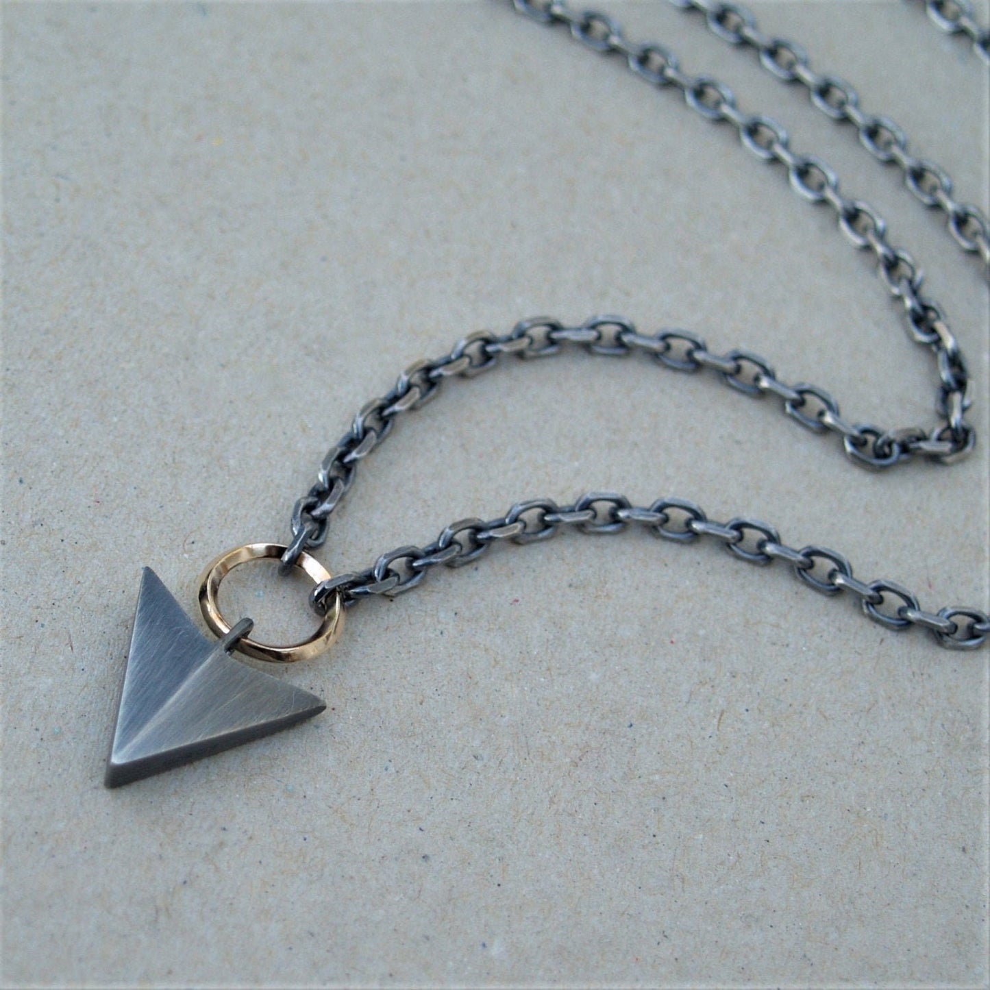 Handmade solid silver large arrow and 9ct yellow gold loop pendant on a diamond cut trace chain - Oxidised or Polished