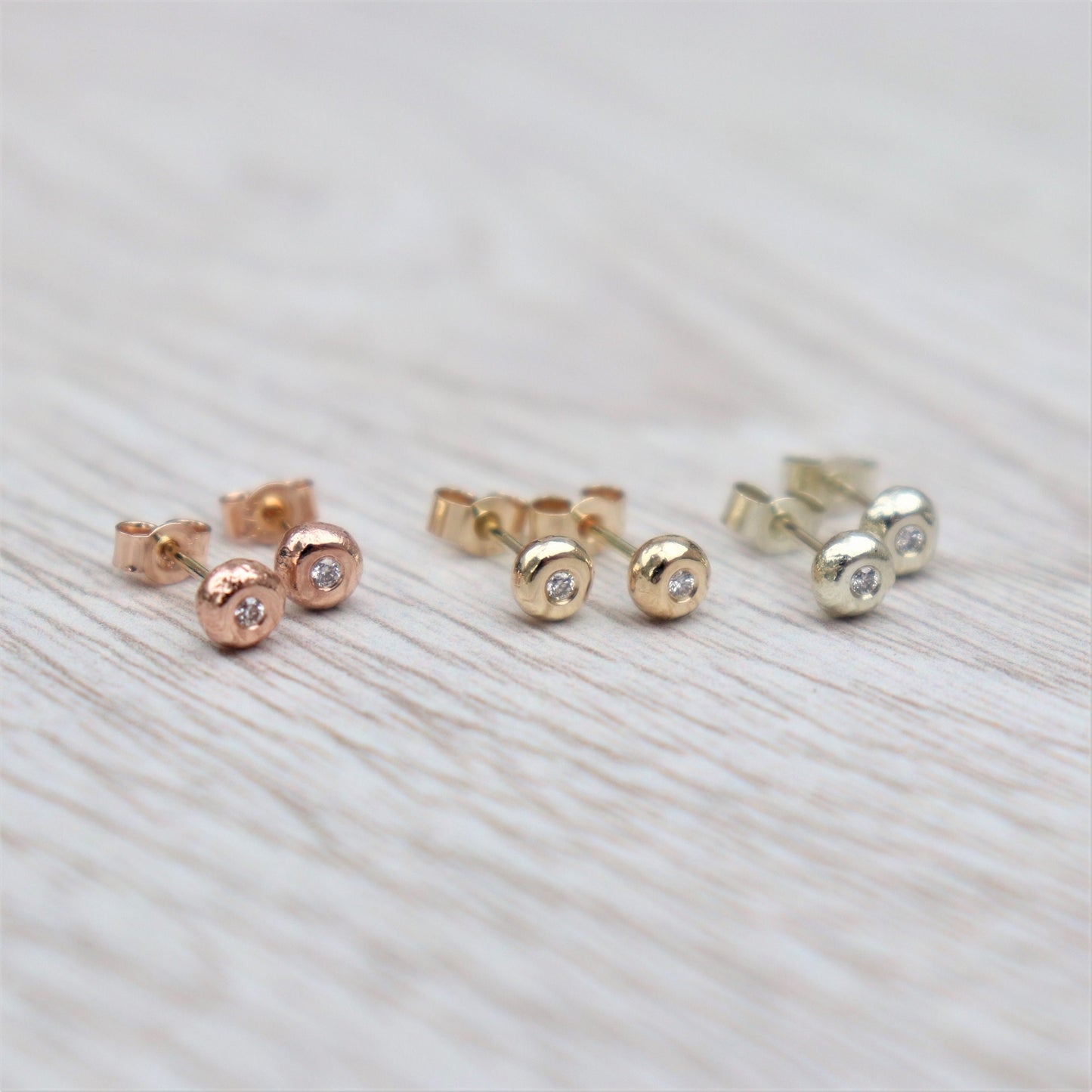 Handmade 9ct solid yellow, rose or white gold 1.5mm diamond nugget stud earrings