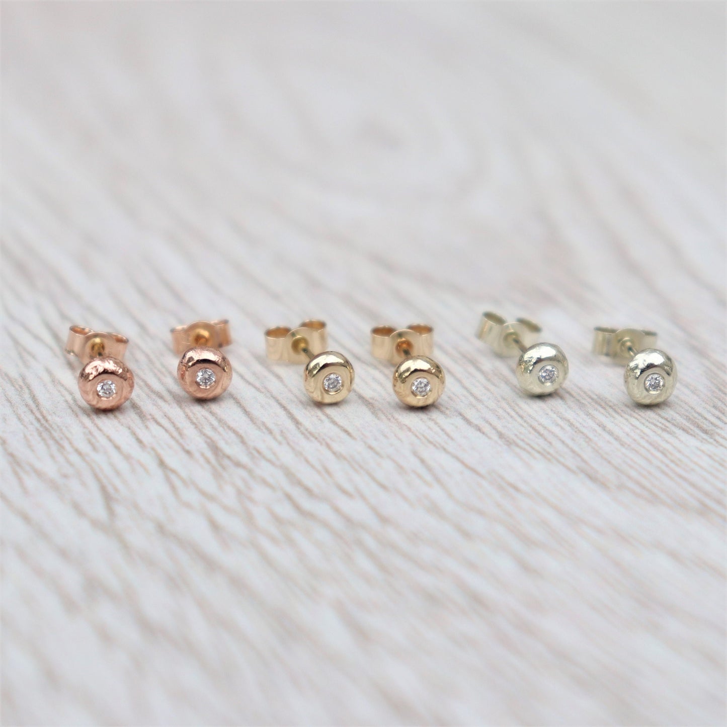 Handmade 9ct solid yellow, rose or white gold 1.5mm diamond nugget stud earrings