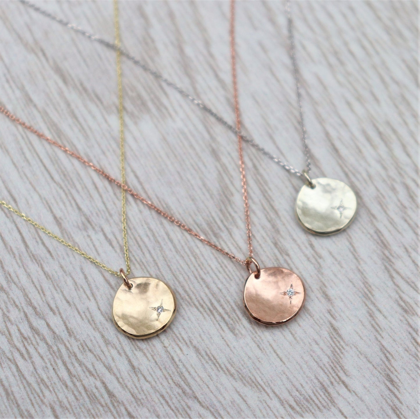 Handmade 9ct solid yellow, rose or white gold 10mm petal charm pendant with a 1.2mm diamond kiss on a fine chain