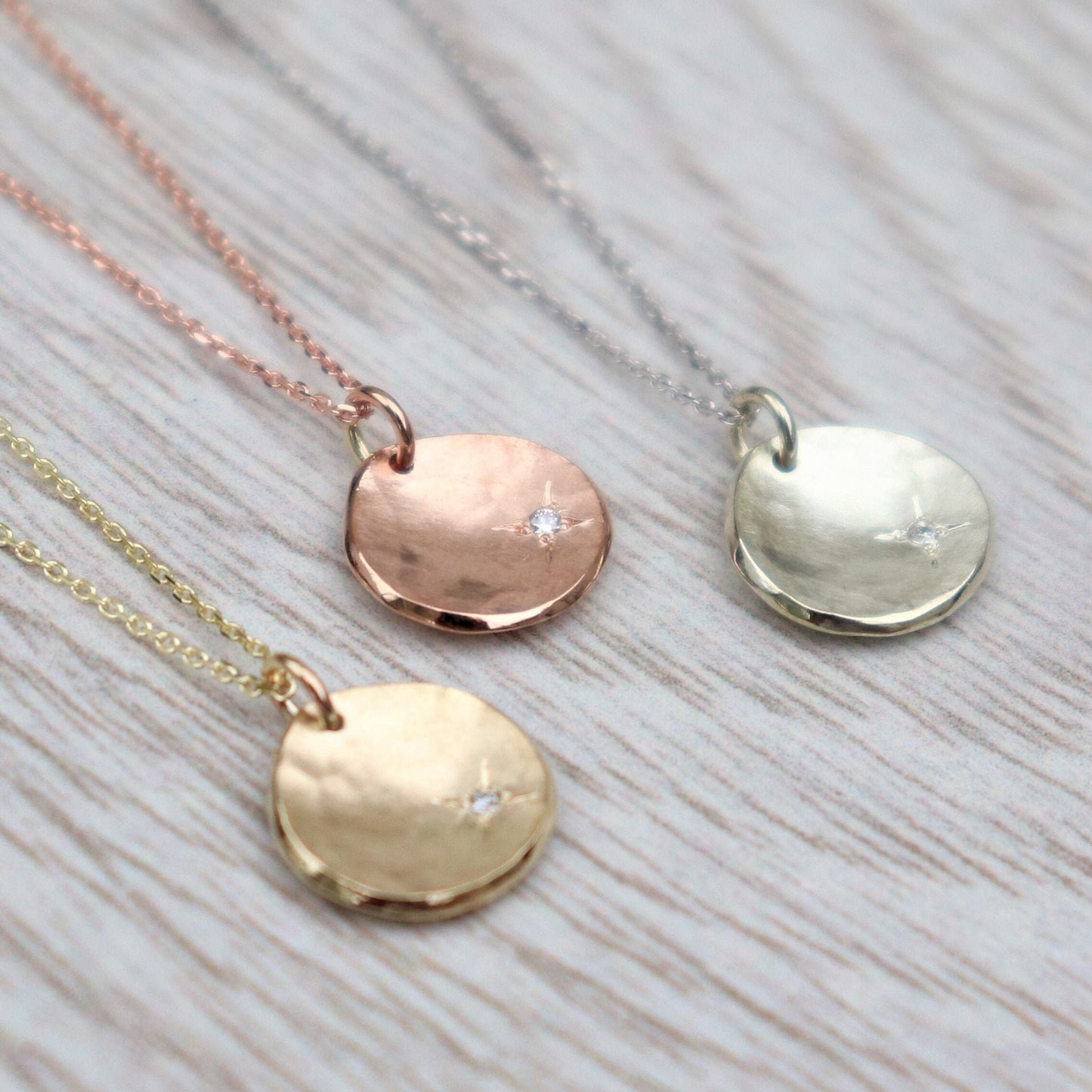 Handmade 9ct solid yellow, rose or white gold 10mm petal charm pendant with a 1.2mm diamond kiss on a fine chain