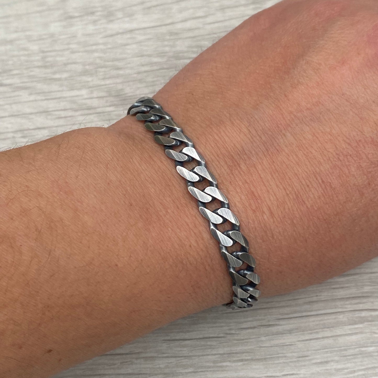 Oxidised or polished sterling silver 7.5mm wide curb chain bracelet