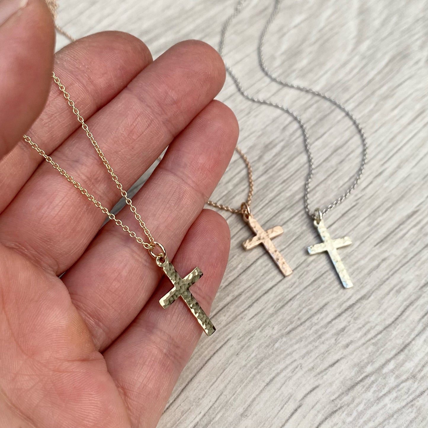 Handmade 9ct solid yellow, white or rose gold hammered small cross pendant on a trace chain