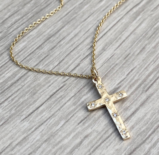 Handmade 9ct solid yellow gold floral set diamond hammered cross pendant on a  trace chain