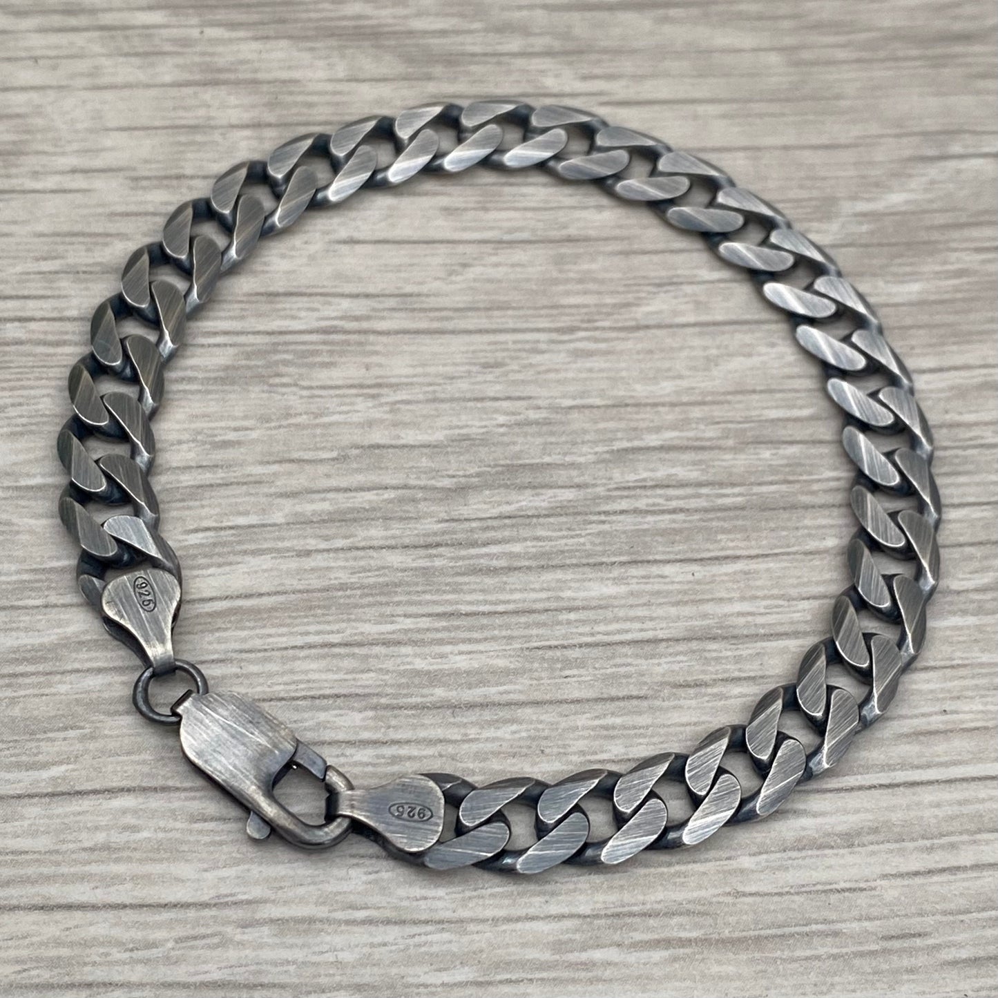 Oxidised or polished sterling silver 7.5mm wide curb chain bracelet