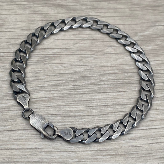 Oxidised or polished sterling silver 7.5mm wide curb chain bracelet