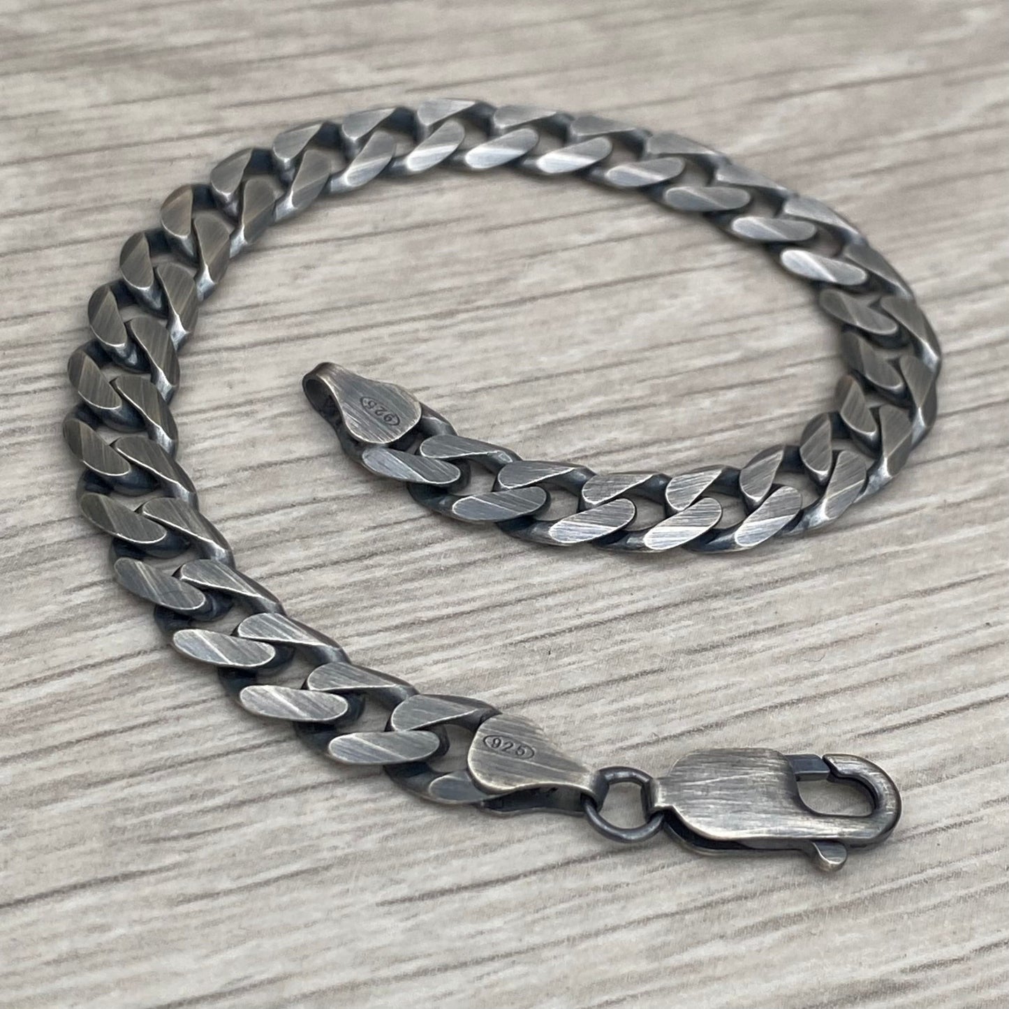 Oxidised or polished sterling silver 7.5mm wide curb chain bracelet
