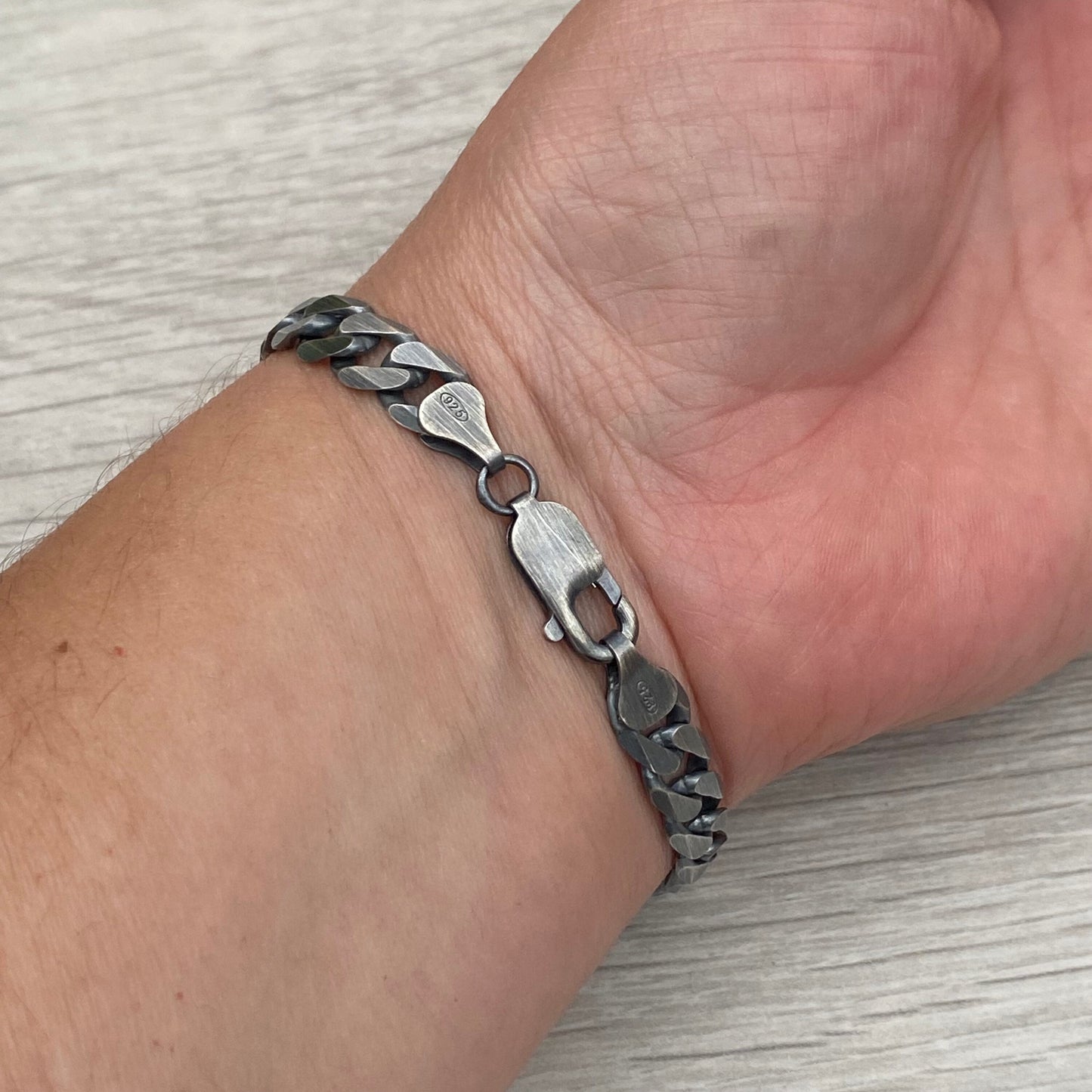 Oxidised or polished sterling silver 7.5mm wide curb chain bracelet