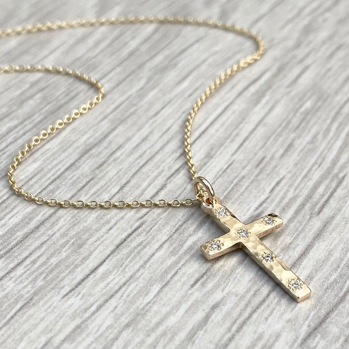 Handmade 9ct solid yellow gold floral set diamond hammered cross pendant on a  trace chain