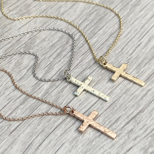 9ct solid yellow, white or rose gold hammered small cross pendant on a trace chain