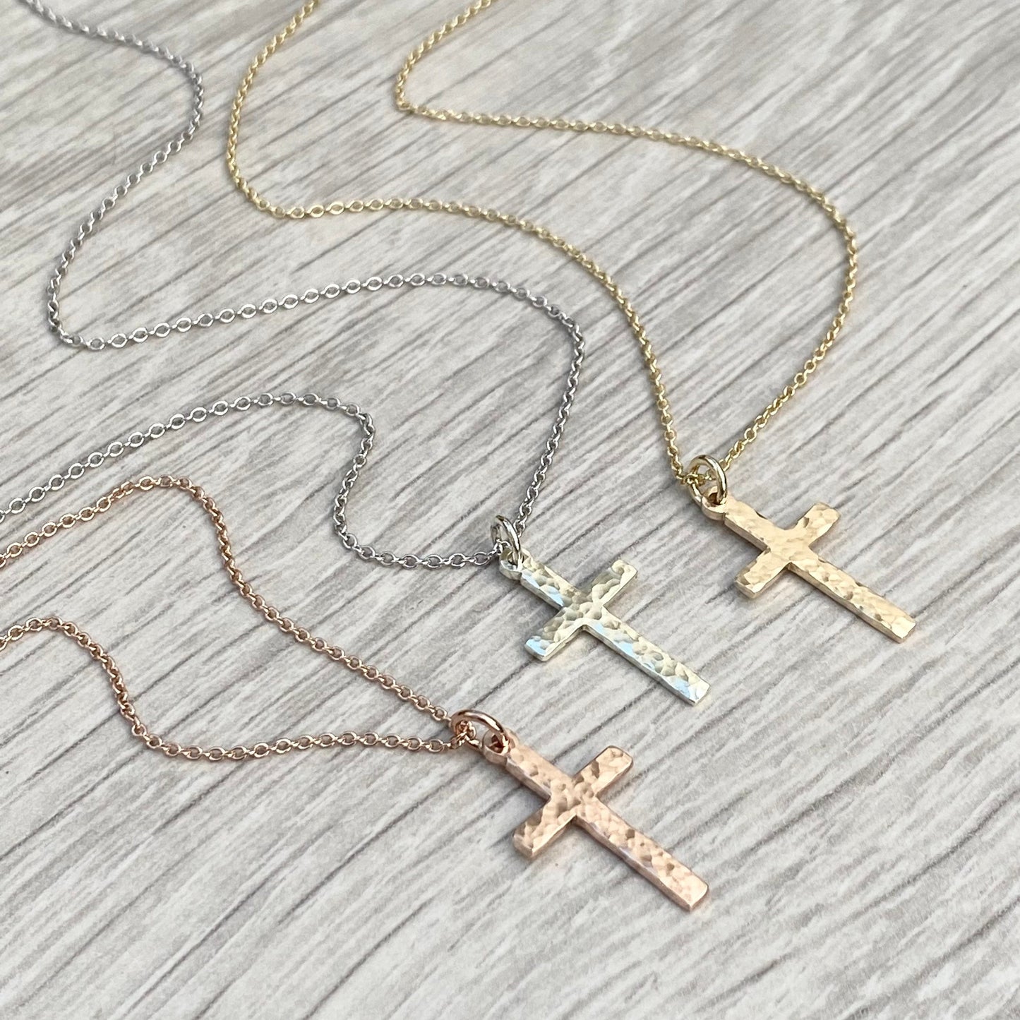Handmade 9ct solid yellow, white or rose gold hammered small cross pendant on a trace chain