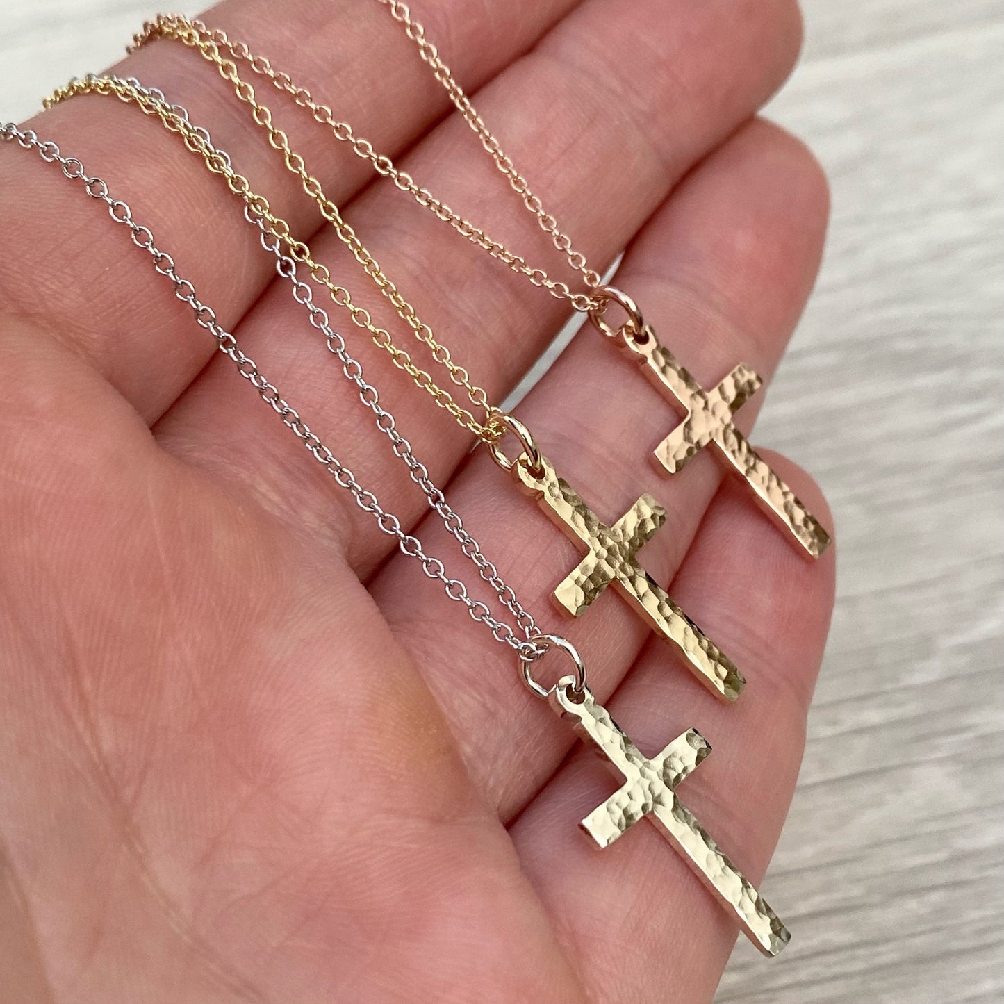 Handmade 9ct solid yellow, white or rose gold hammered small cross pendant on a trace chain