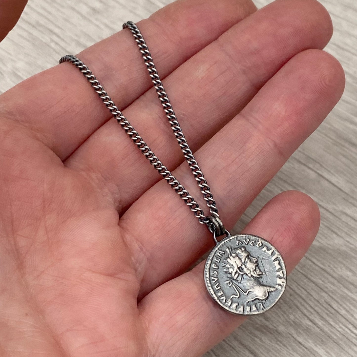 Oxidised or polished solid sterling silver replica Roman coin pendant on a oxidised curb chain