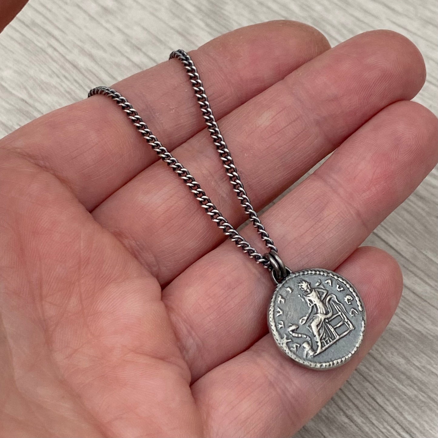 Oxidised or polished solid sterling silver replica Roman coin pendant on a oxidised curb chain