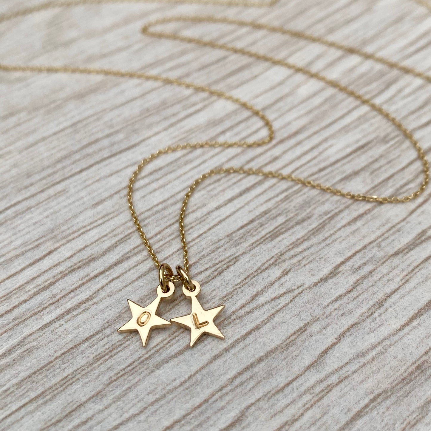 9ct yellow gold tiny star letter charm pendants and chain