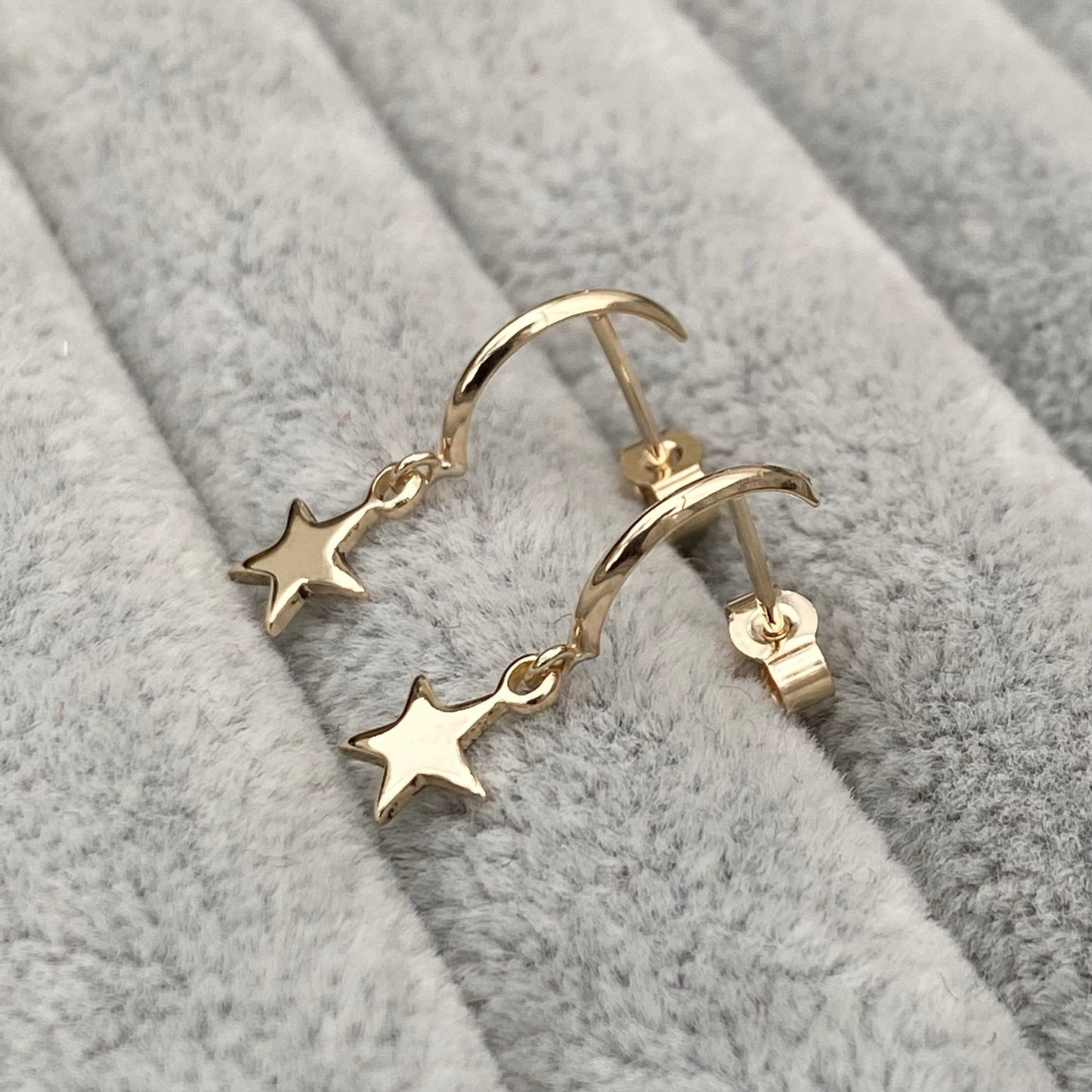 9ct yellow gold crescent moon hoop tiny star drop stud earrings