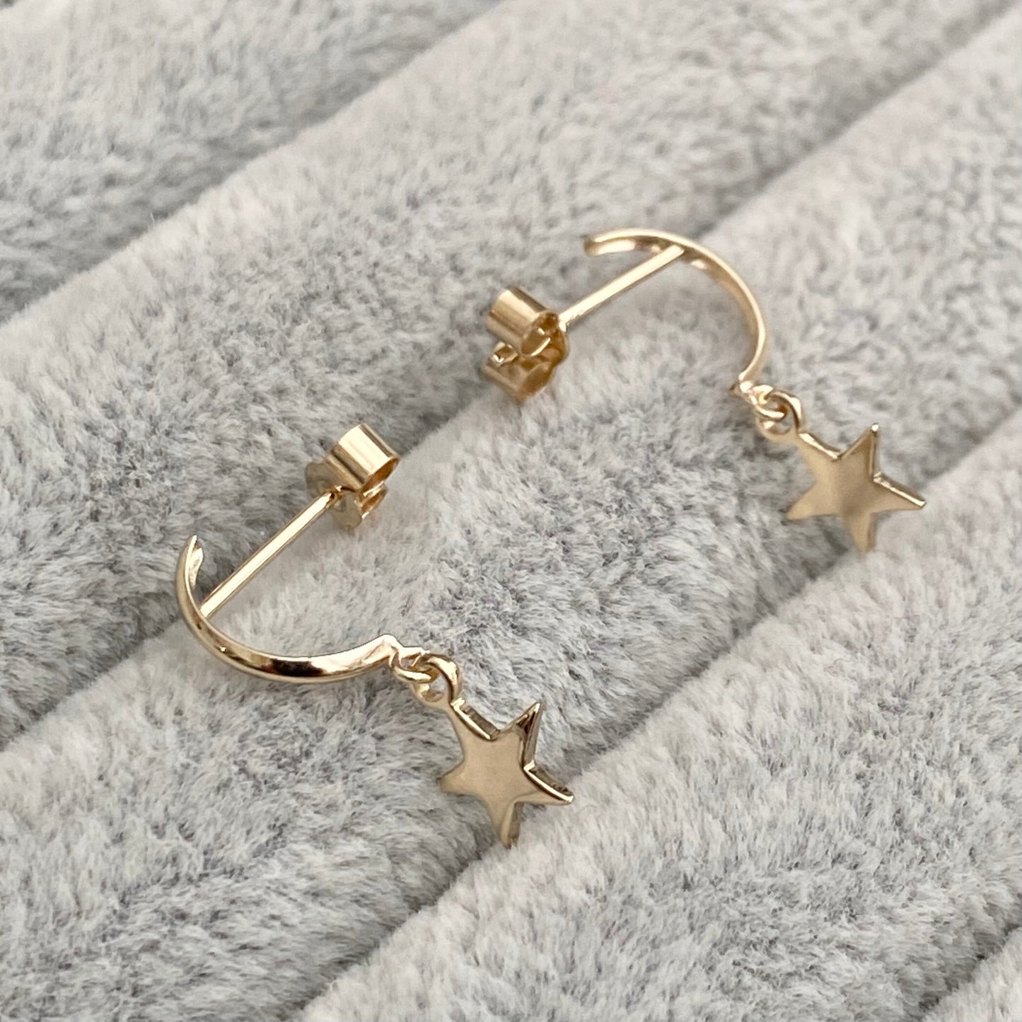 9ct yellow gold crescent moon hoop tiny star drop stud earrings