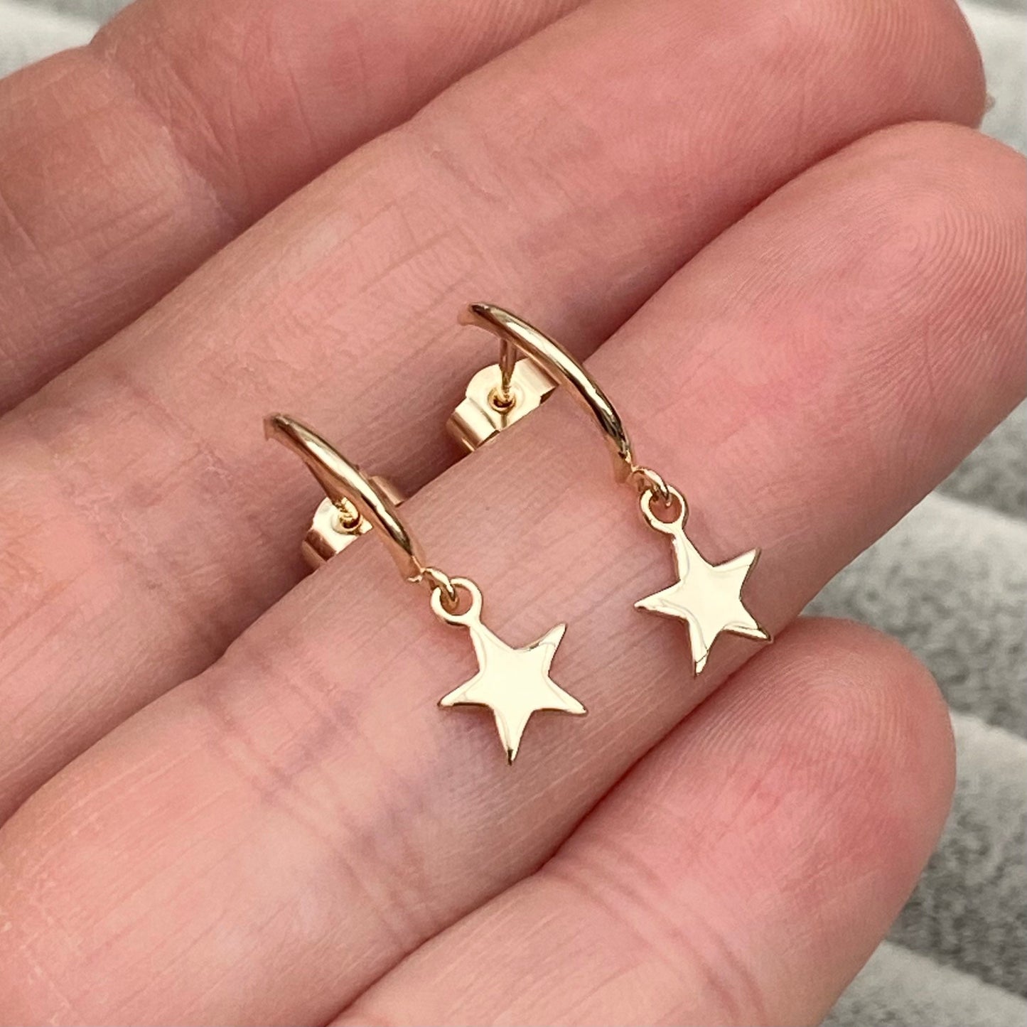 9ct yellow gold crescent moon hoop tiny star drop stud earrings