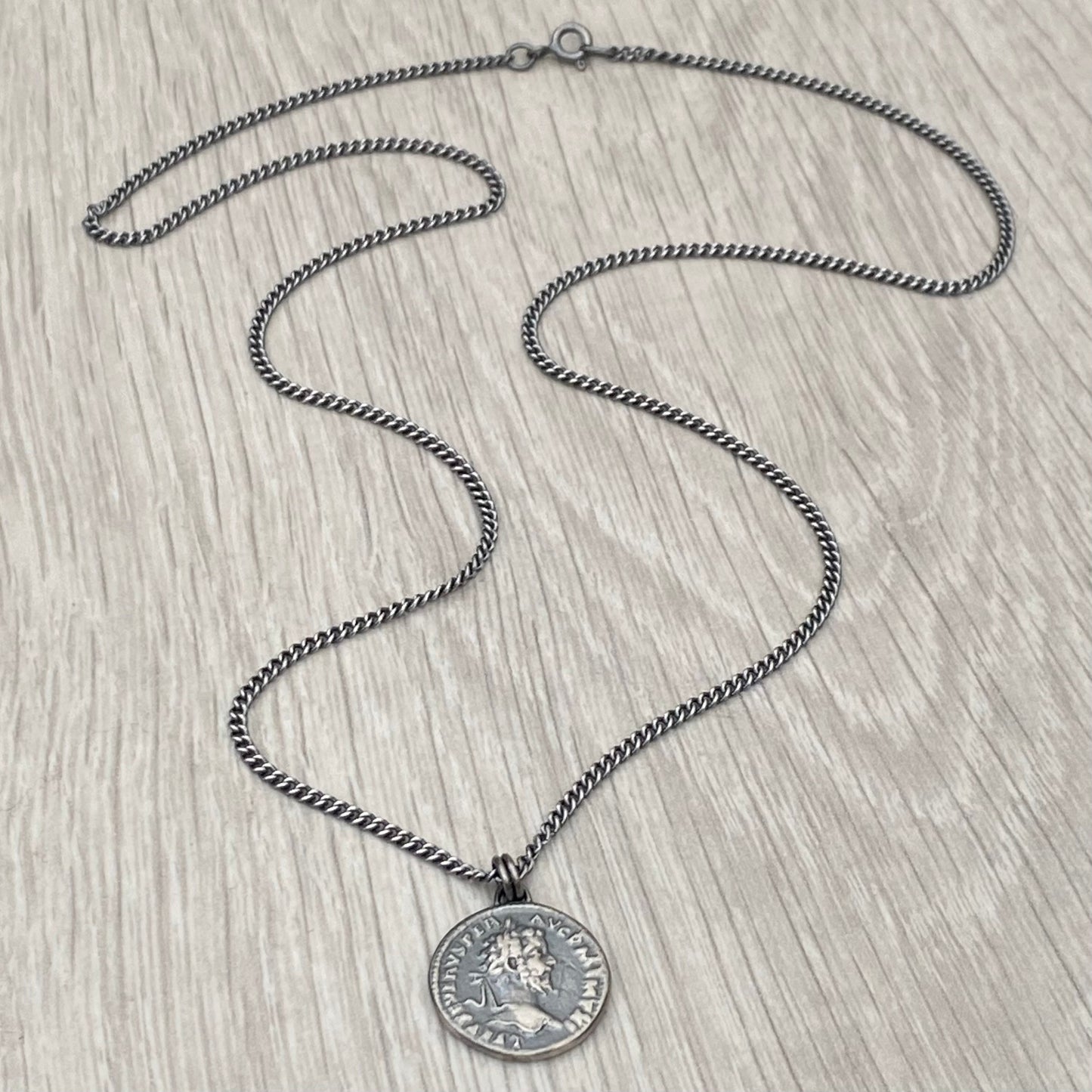 Oxidised or polished solid sterling silver replica Roman coin pendant on a oxidised curb chain