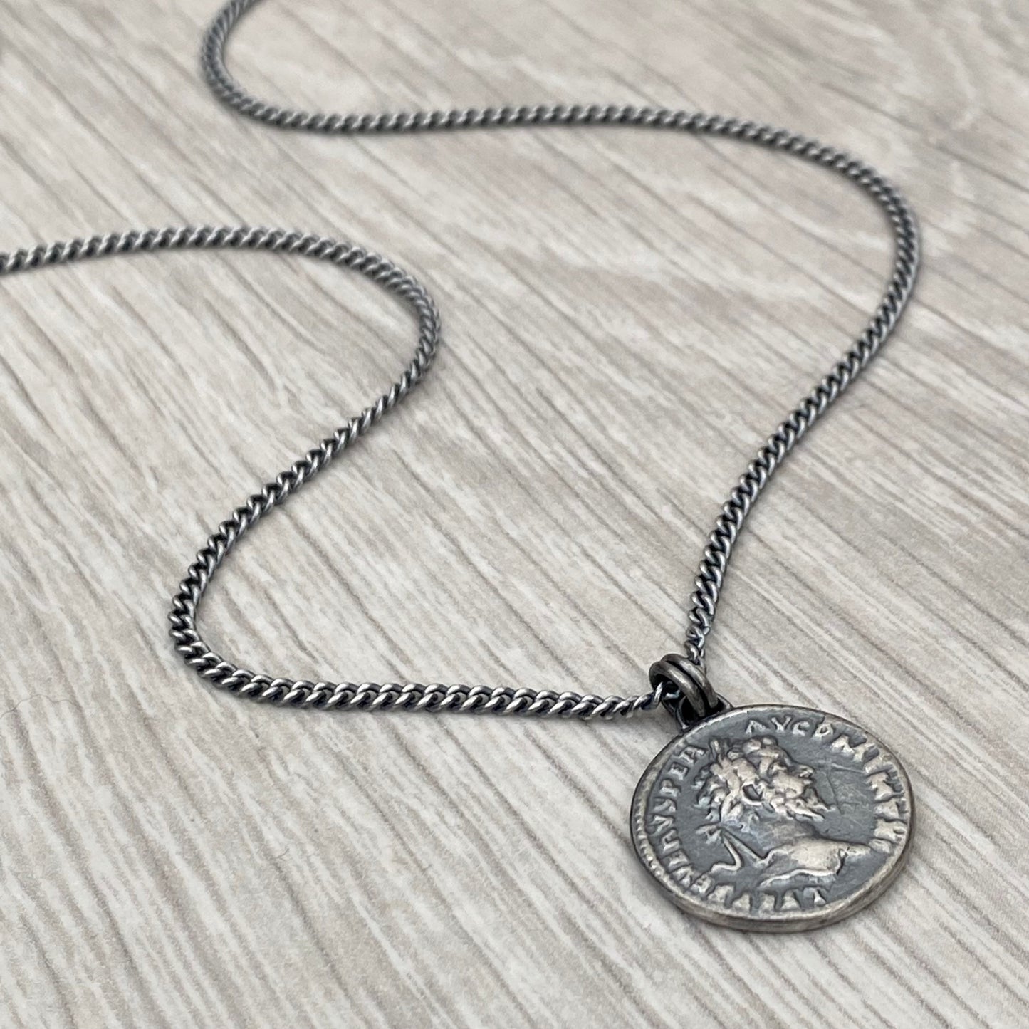 Oxidised or polished solid sterling silver replica Roman coin pendant on a oxidised curb chain