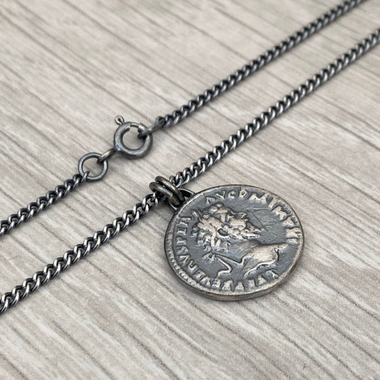 Oxidised or polished solid sterling silver replica Roman coin pendant on a oxidised curb chain