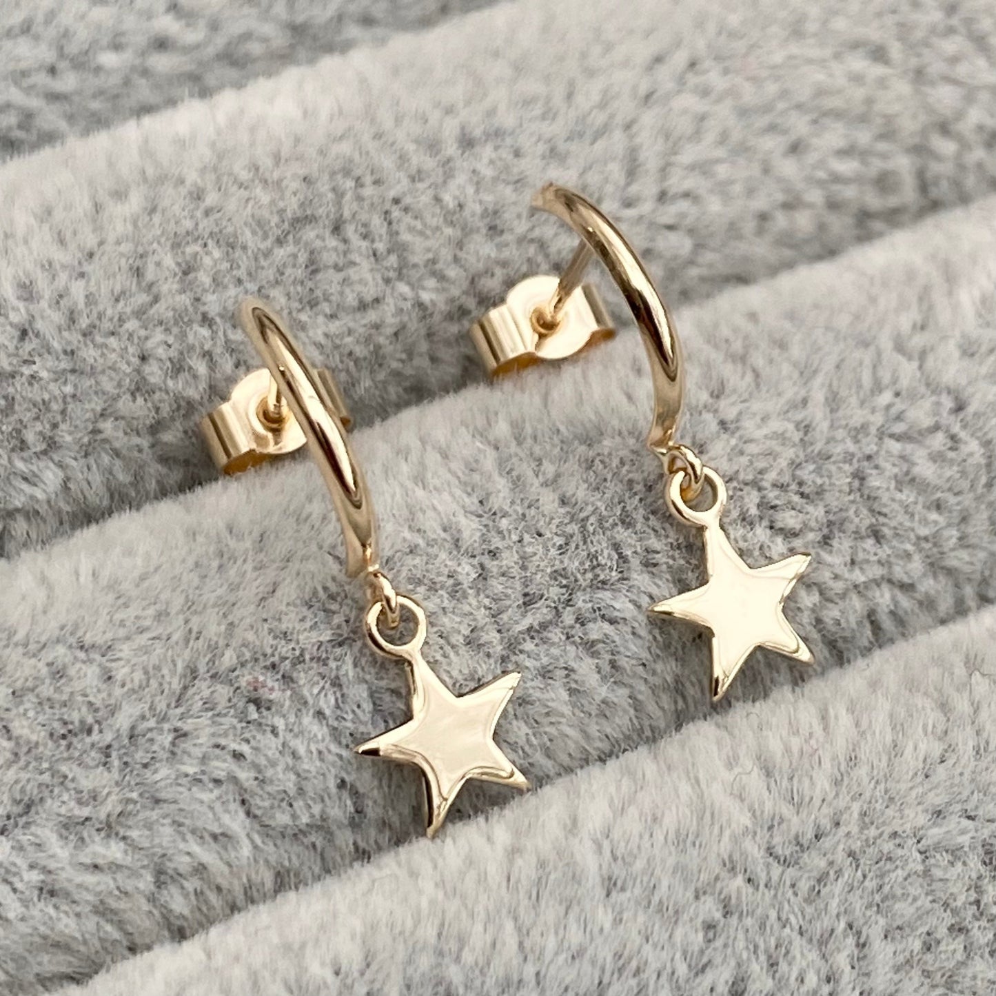 9ct yellow gold crescent moon hoop tiny star drop stud earrings