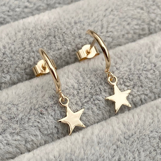 9ct yellow gold crescent moon hoop tiny star drop stud earrings