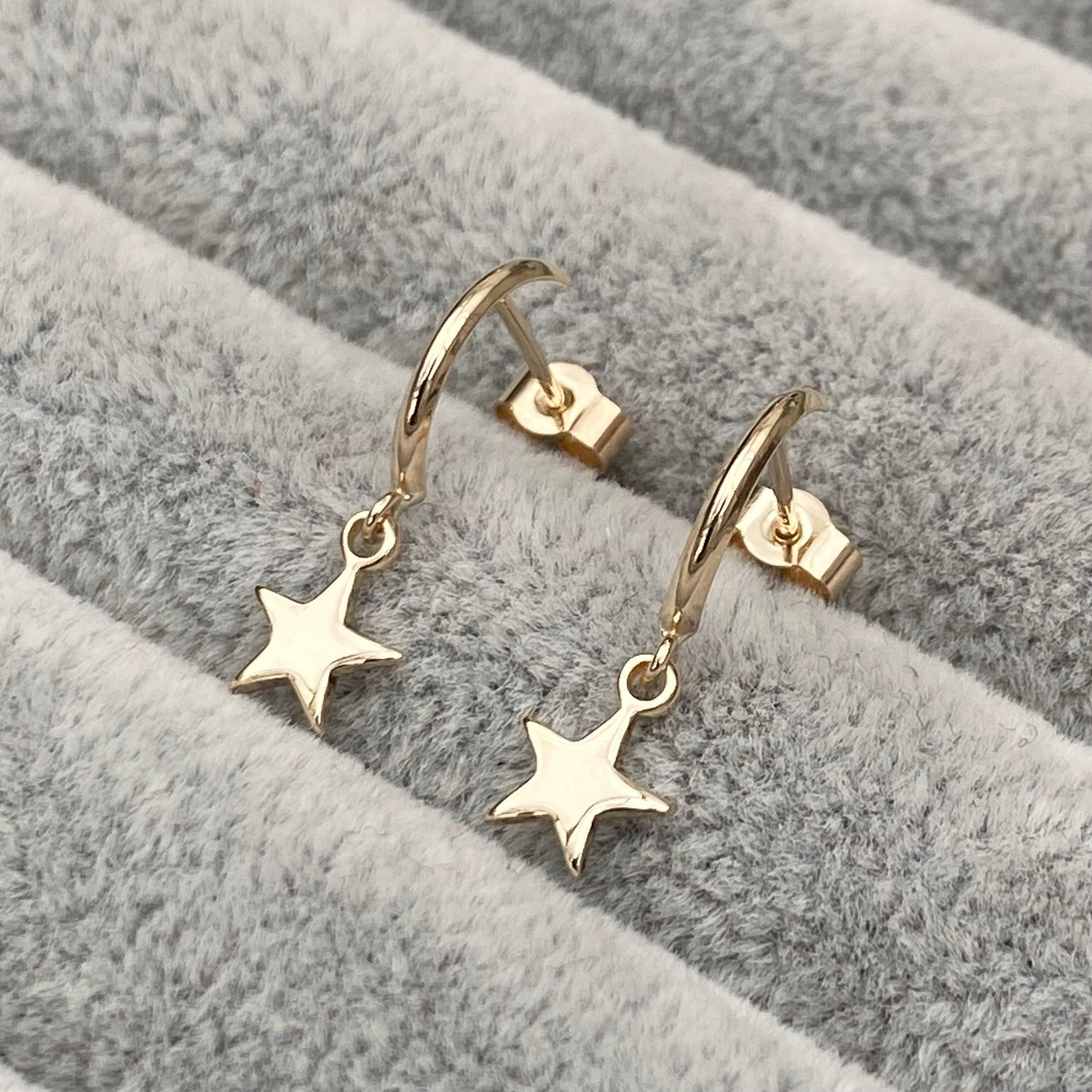9ct yellow gold crescent moon hoop tiny star drop stud earrings