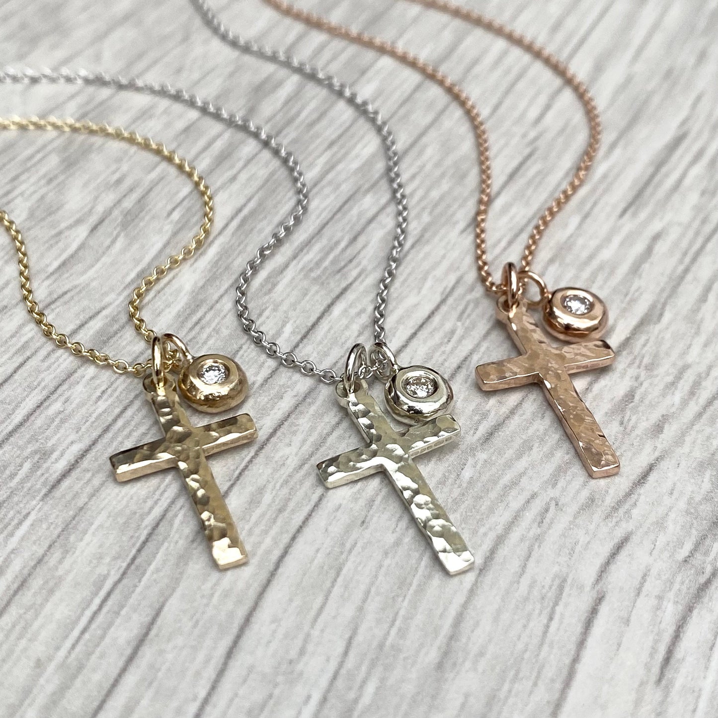 9ct solid yellow, white or rose gold hammered small cross pendant and trace chain with a diamond nugget pendant