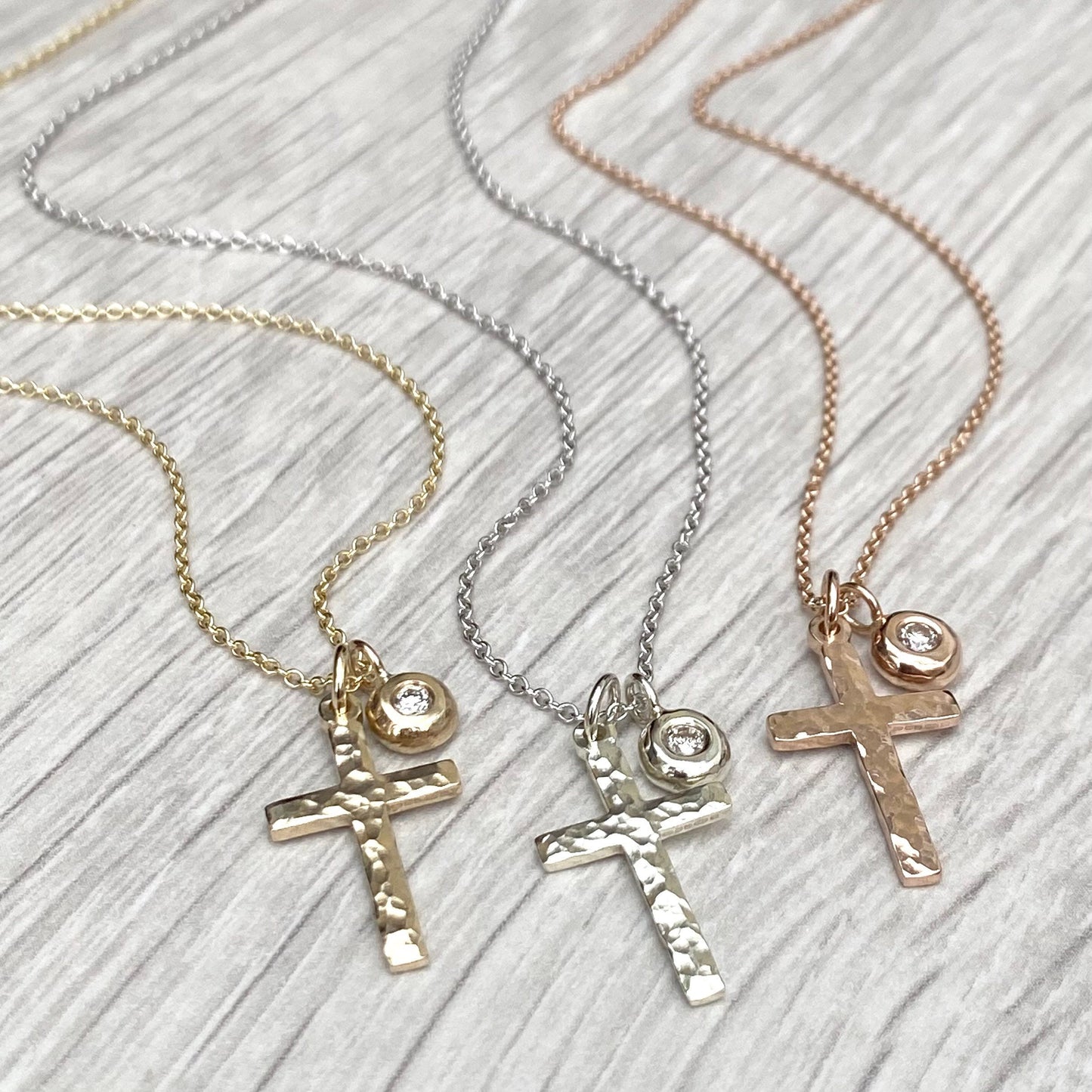 9ct solid yellow, white or rose gold hammered small cross pendant and trace chain with a diamond nugget pendant