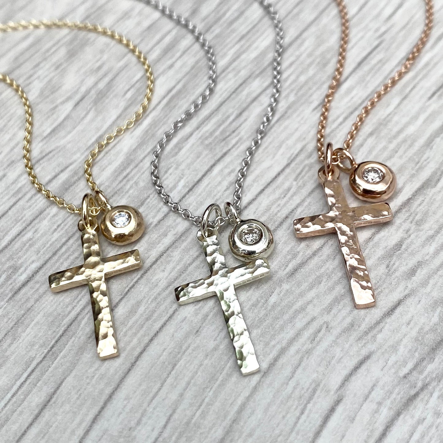 9ct solid yellow, white or rose gold hammered small cross pendant and trace chain with a diamond nugget pendant