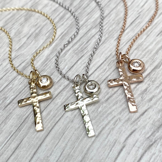 9ct solid yellow, white or rose gold hammered small cross pendant and trace chain with a diamond nugget pendant