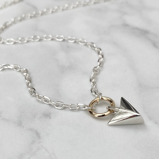 Oxidised or polished solid silver arrow pendant and 9ct yellow gold loop detail on a diamond cut trace chain - Men’s jewellery