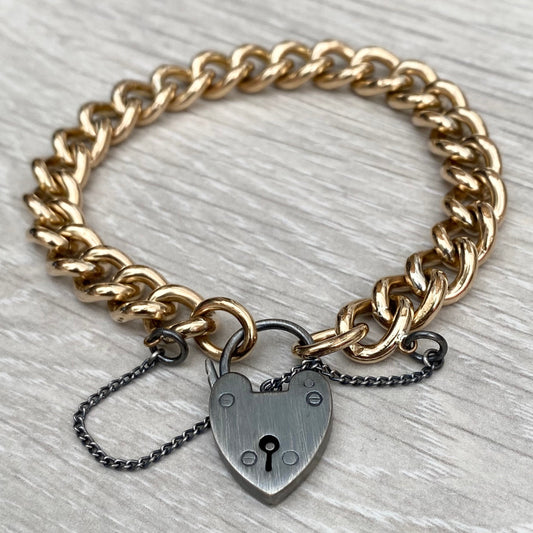 Vintage rolled gold curb chain bracelet - Oxidised silver heart locket - Renewed charm bracelet - 7.5 inches - Vintage british jewellery