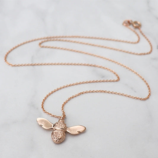 9ct solid rose gold Bumblebee pendant on a 9ct rose gold trace chain