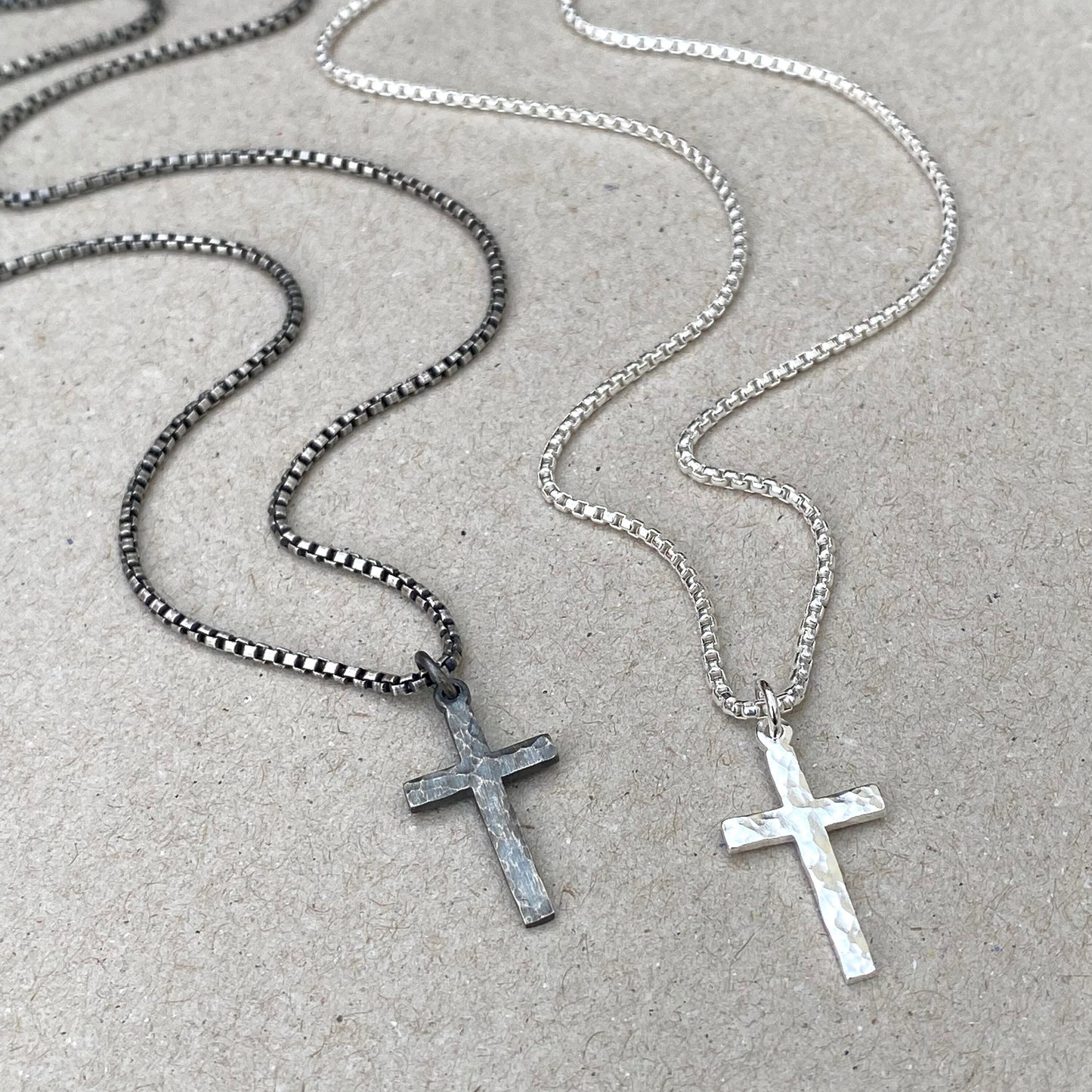 Oxidised or polished small size silver hammered cross pendant on a round box chain
