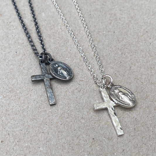 Oxidised or polished small size solid silver hammered cross pendant and petite Miraculous Medal on a tight filed trace chain