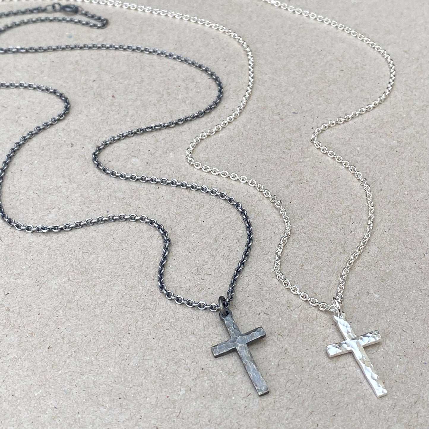 Solid silver small size hammered cross pendant on a tight filed trace chain - Oxidised or polished