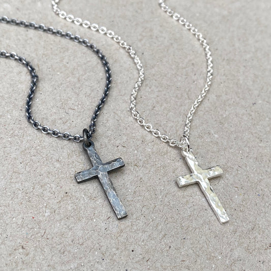 Solid silver small size hammered cross pendant on a tight filed trace chain - Oxidised or polished