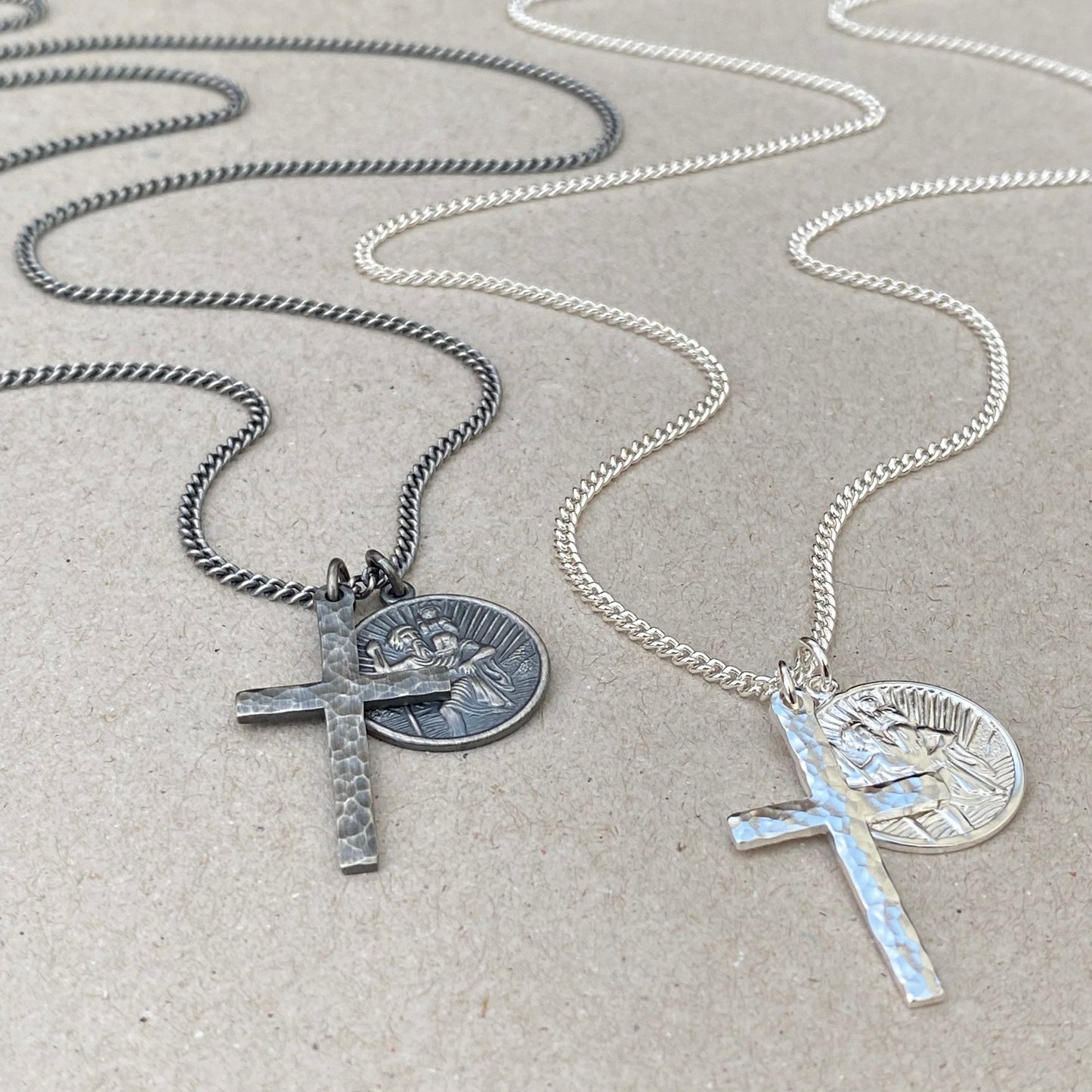 Oxidised or polished standard size solid silver hammered cross and round Saint Christopher pendants on a tight curb chain