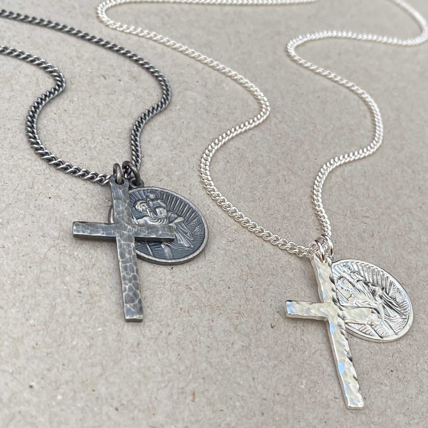 Oxidised or polished standard size solid silver hammered cross and round Saint Christopher pendants on a tight curb chain