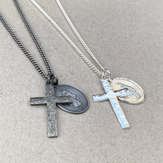 Oxidised or polished medium size solid silver hammered cross pendant and large size Miraculous Medal on a curb chain