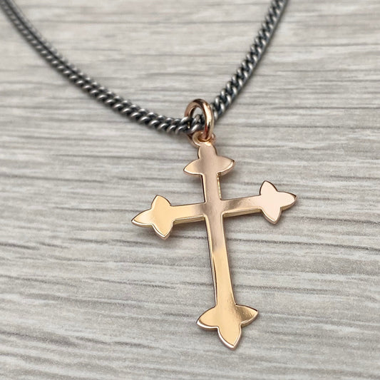 Vintage 9ct rose gold forked cross pendant - 9k rose gold - New oxidised silver 2.4mm wide curb chain - British vintage jewellery