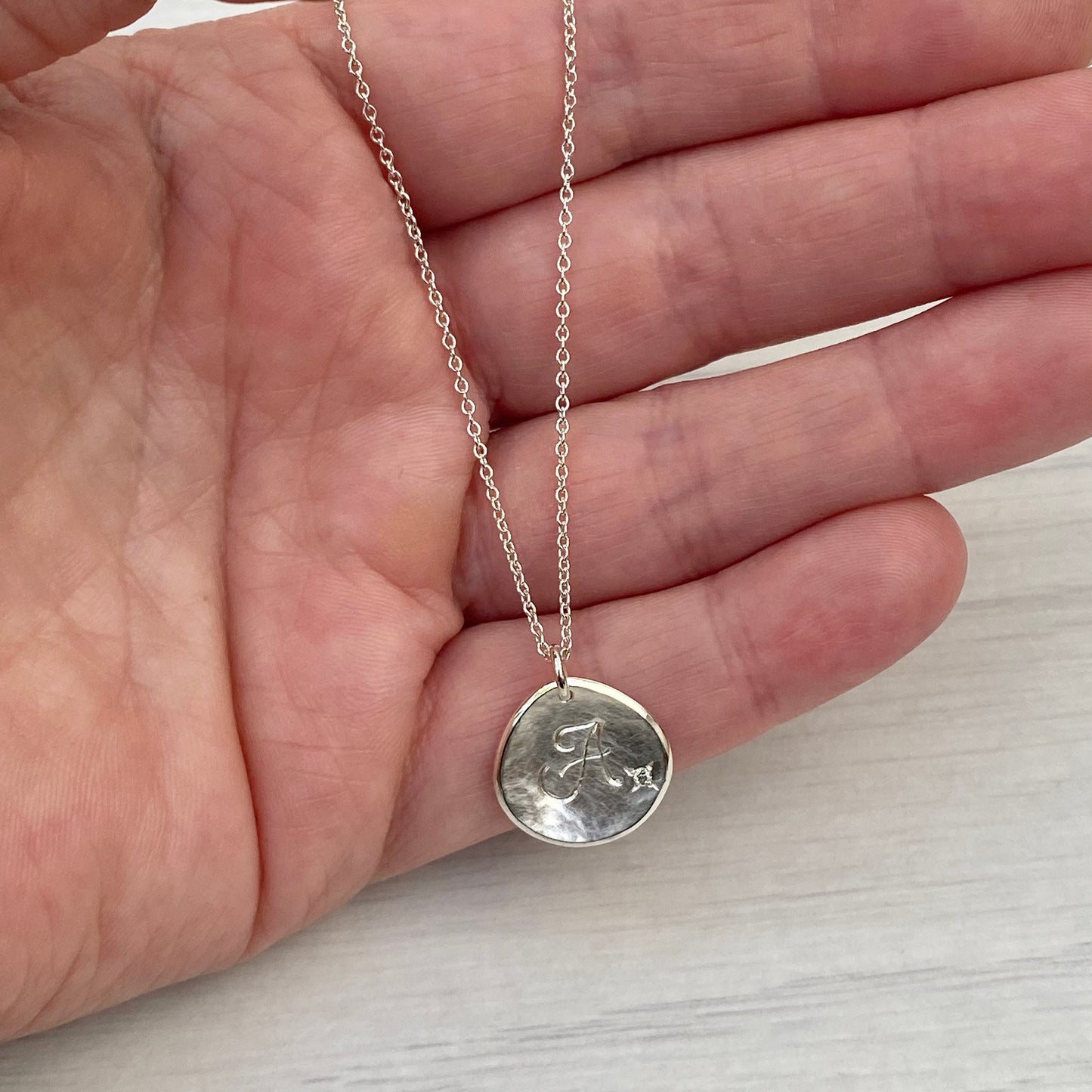 Handmade solid silver 16mm diamond petal charm pendant on a trace chain - Personalised with any letter