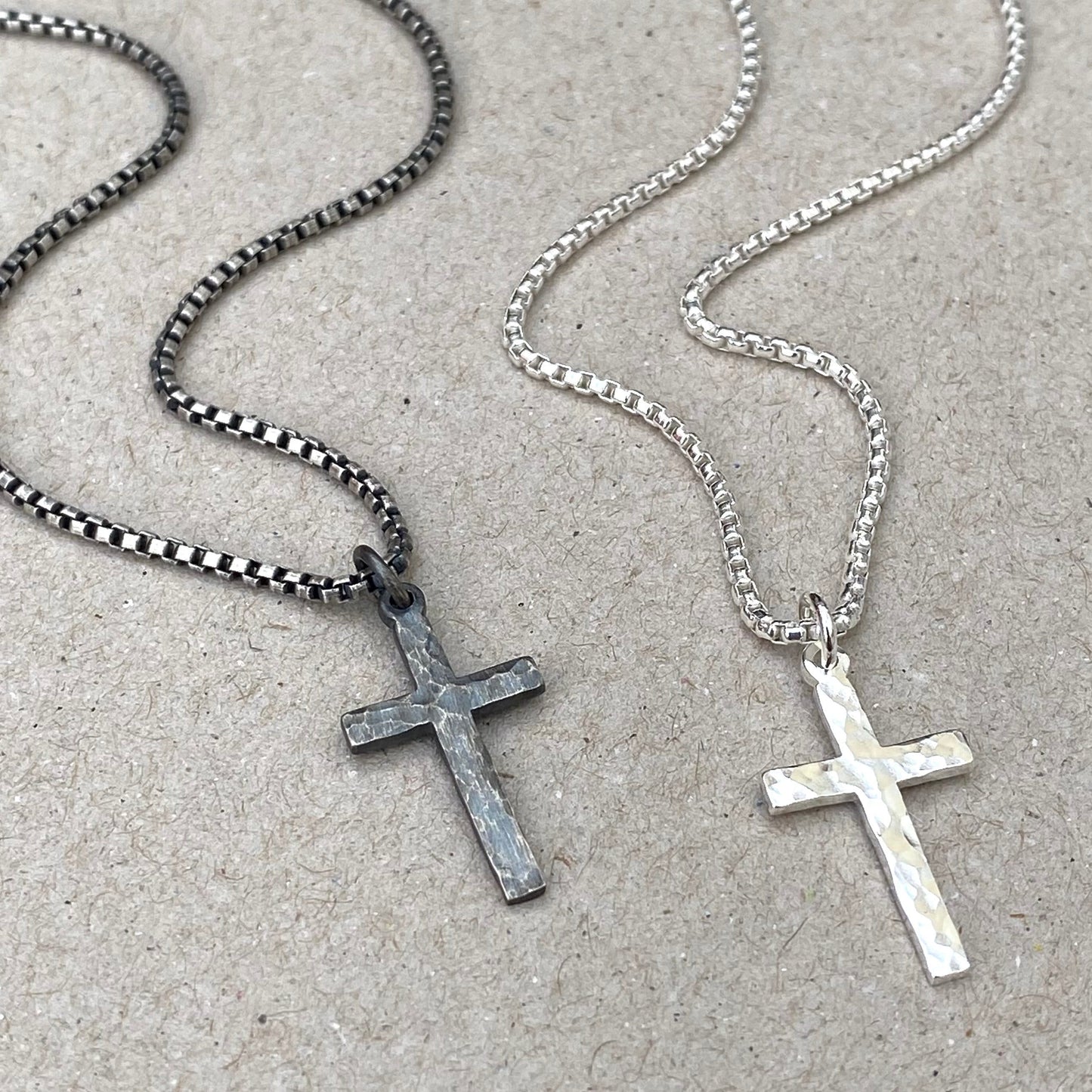 Oxidised or polished small size silver hammered cross pendant on a round box chain