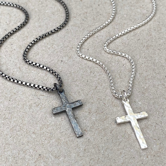 Oxidised or polished small size solid silver hammered cross pendant on a 1.6mm round box chain - Men's Jewellery