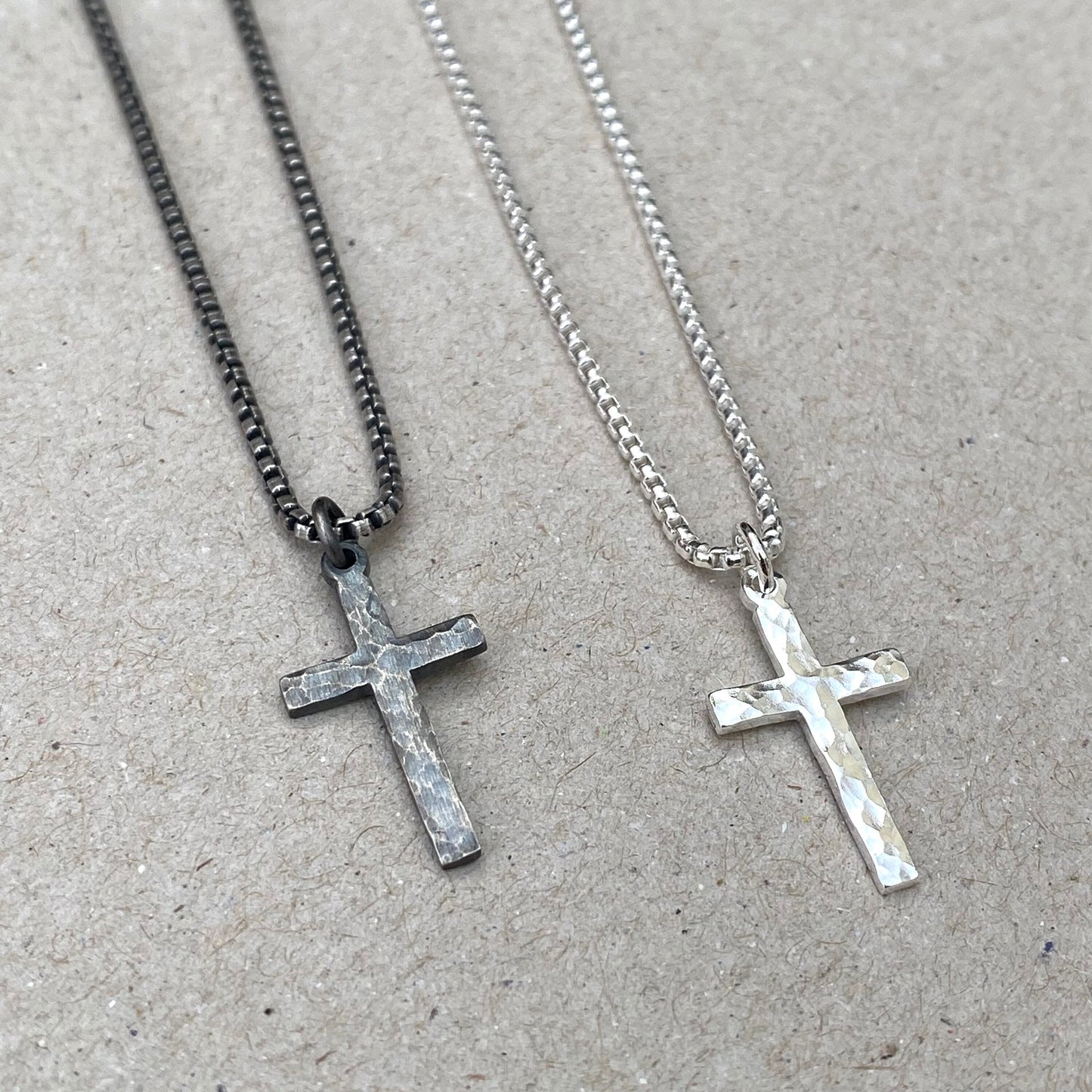 Oxidised or polished small size silver hammered cross pendant on a round box chain