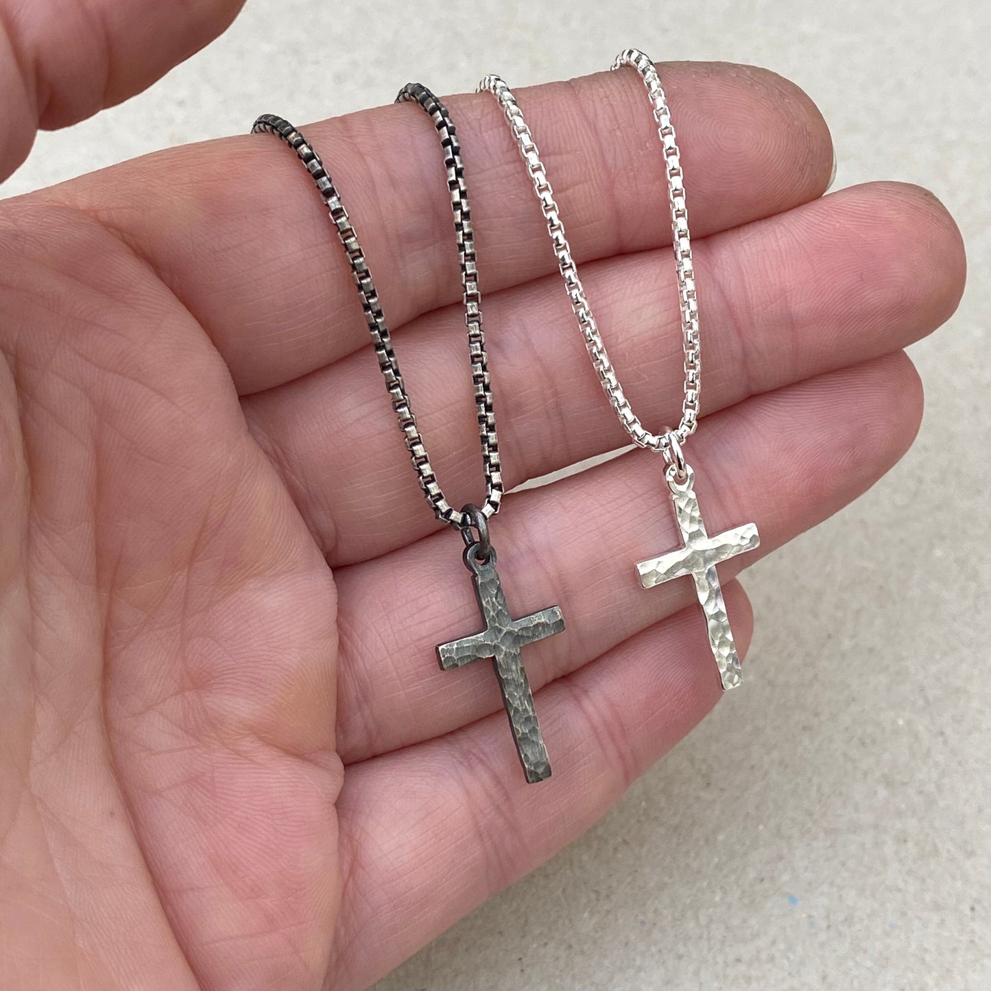 Oxidised or polished small size silver hammered cross pendant on a round box chain